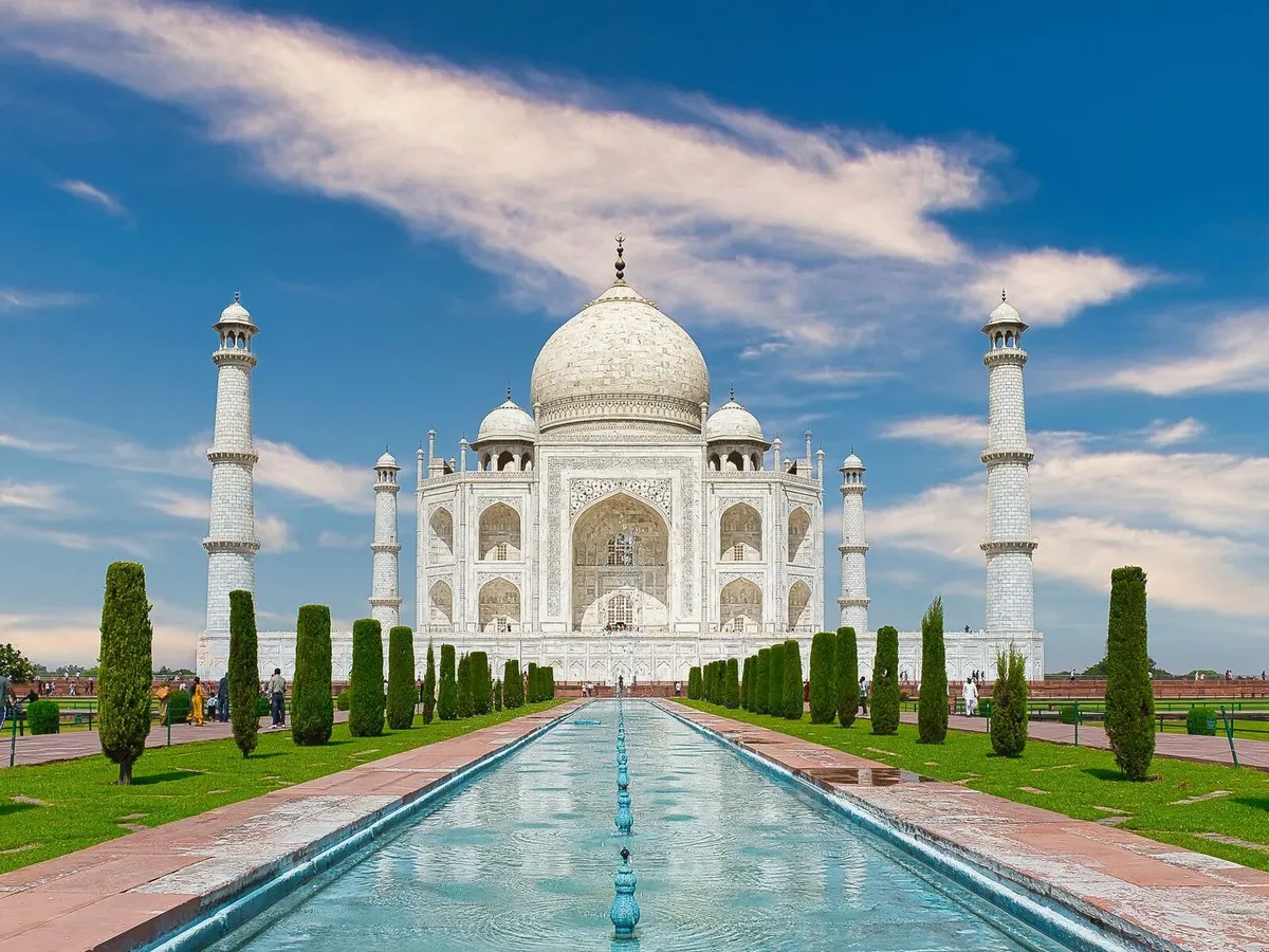 Taj Mahal and its reflecting pool in Agra, India