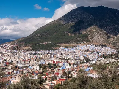 Blue town of Chefchaouen below the Rif Mountains, Morocco