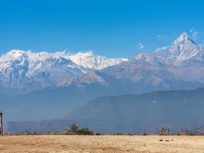 Machhapuchhre and the Annapurna range in the Himalayas, Nepal