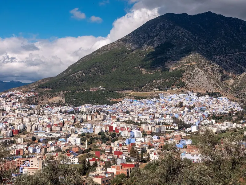 Blue town of Chefchaouen below the Rif Mountains, Morocco