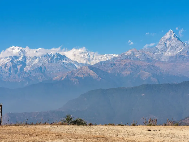Machhapuchhre and the Annapurna range in the Himalayas, Nepal